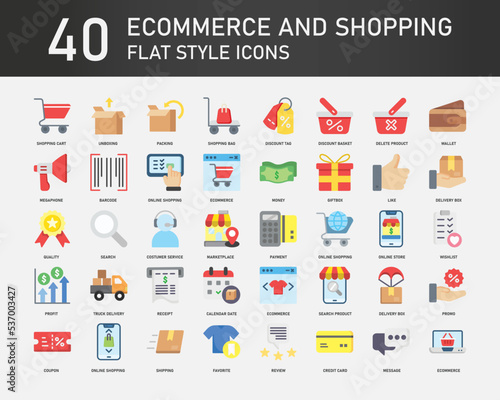 Ecommerce and Shopping flat icon collection, contains such icons as commerce, shipping, delivery and online shopping. Simple web icons set.