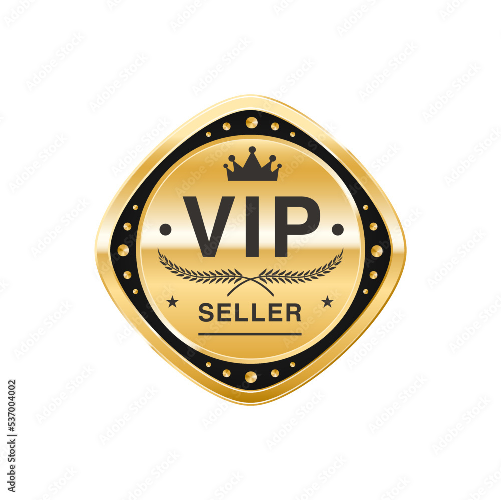 VIP seller golden badge or label. Exclusive sale metal tag or emblem, premium warranty gold vector icon or rhombic symbol. VIP seller certificate seal or golden badge with laurel, crown and stars VIP seller golden badge or label. Exclusive sale metal tag or emblem, premium warranty gold vector icon or rhombic symbol. VIP seller certificate seal or golden badge with laurel, crown and stars