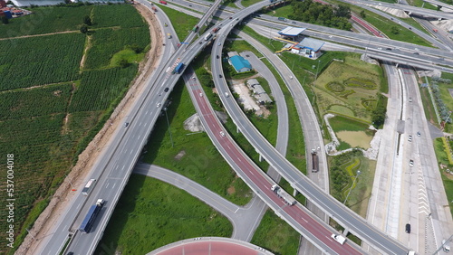 Aerial view of highway and overpass in city on a sunny day.-