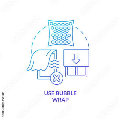 Use bubble wrap blue gradient concept icon. Winterized house. Window insulation. Draughts proof abstract idea thin line illustration. Isolated outline drawing. Myriad Pro-Bold font used