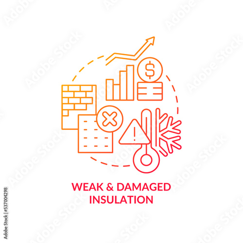 Weak and damaged insulation red gradient concept icon. Keep warm. Low power usage. High heating bill reason abstract idea thin line illustration. Isolated outline drawing. Myriad Pro-Bold font used
