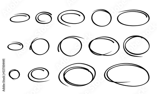 Highlight oval frames. Hand drawn marker pen scribble circle set. Doodle ovals and ellipses emphasis line template. Stock vector illustration isolated on white background.