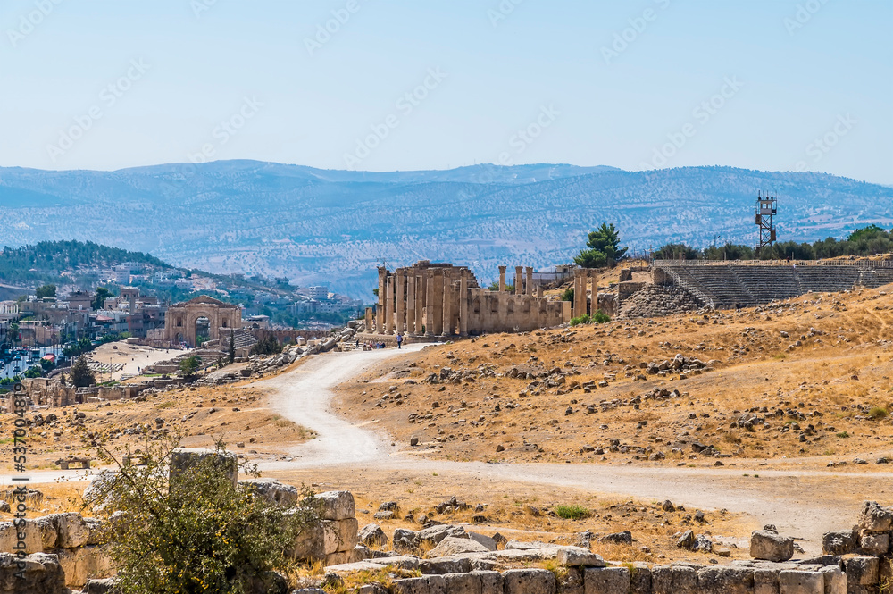 A view along the eastern side of the ancient Roman settlement of Gerasa in Jerash, Jordan in summertime