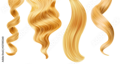 Shiny blond woman hair strand, curl. Straight, curly ponytail hairstyle. Haircut, hair care and beauty salon vector 3d, realistic locks of long wavy blonde hair with smooth texture, shining surface