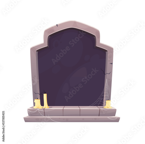 Halloween stone frame. Cemetery grave, isolated graveyard headstone or horror tomb cartoon vector frame or creepy Halloween background with gravestone, spider web and candles