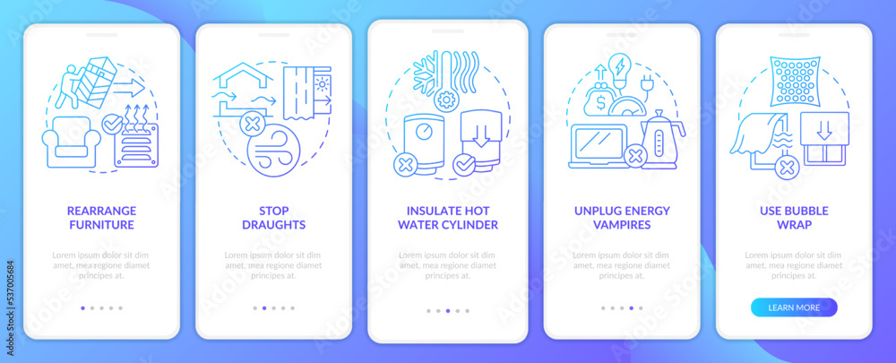 Reduce energy usage tips onboarding blue gradient mobile app screen. Walkthrough 5 steps graphic instructions with linear concepts. UI, UX, GUI template. Myriad Pro-Bold, Regular fonts used