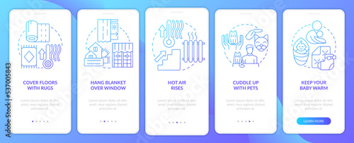 Keep warm during power outage onboarding blue gradient mobile app screen. Tips walkthrough 5 steps graphic instructions with linear concepts. UI, UX, GUI template. Myriad Pro-Bold, Regular fonts used