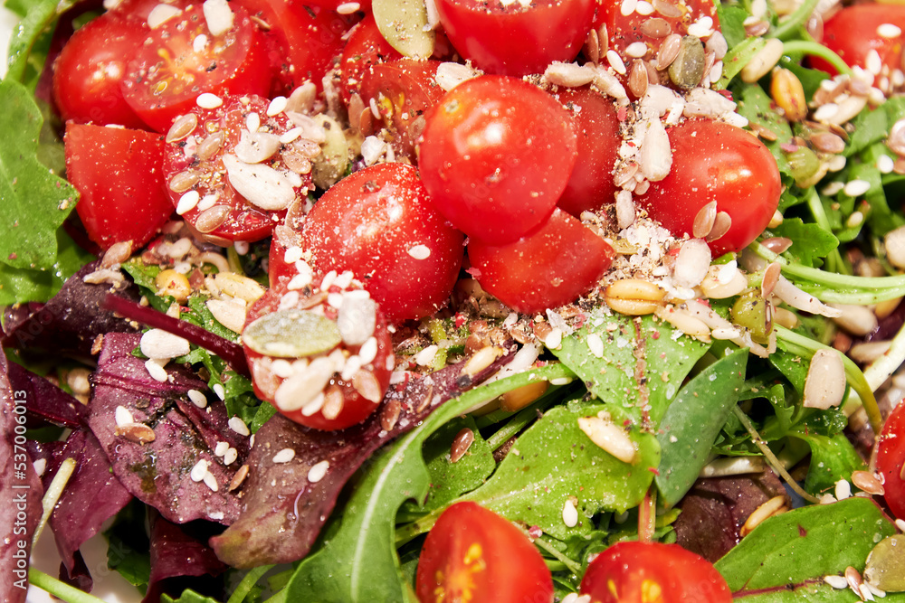 Vegetable salad with tomatoes, green lettuce, seeds and oil. Food background textures Vegetable salad with tomatoes, green lettuce, seeds and oil. Food background textures