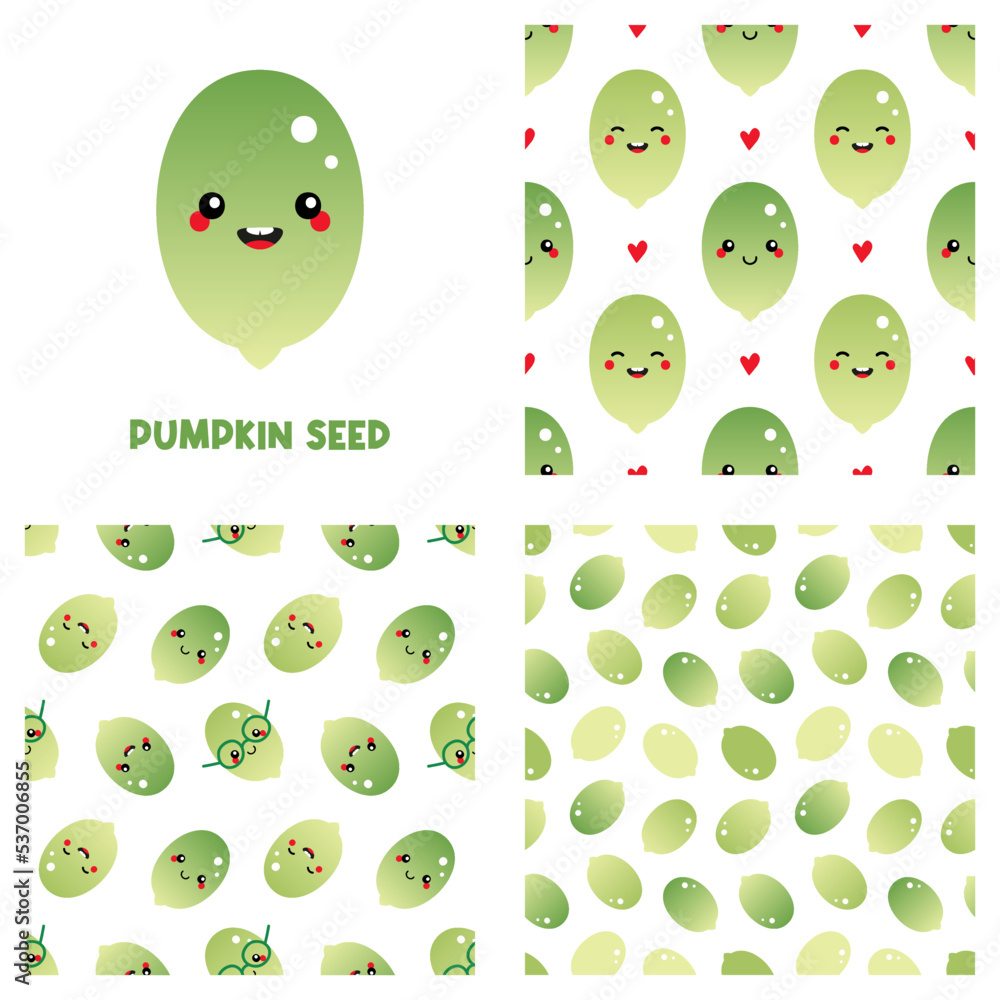 Fototapeta premium Cute cartoon style pumpkin seed character and set, collection of three pumpkin seeds vector seamless pattern backgrounds. 