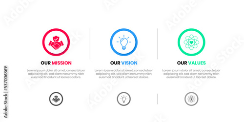 Mission Vision Values infographic Banner template. Company goal infographic design with  Modern flat icon design. vector illustration infographic icon design banner