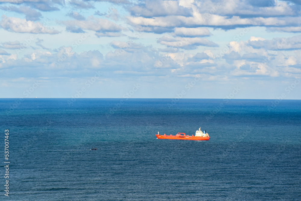 Oil tanker ship on the Mediterranean sea in Algiers city. Global energy crisis.
