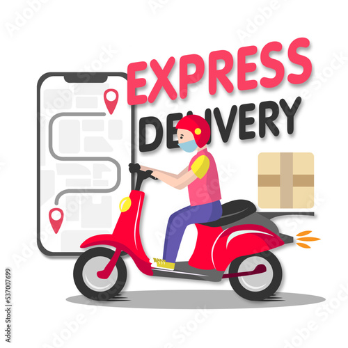 Online delivery service , online order tracking, delivery home and office. Scooter delivery. Shipping. Man on the bike with mask. Vector illustration
