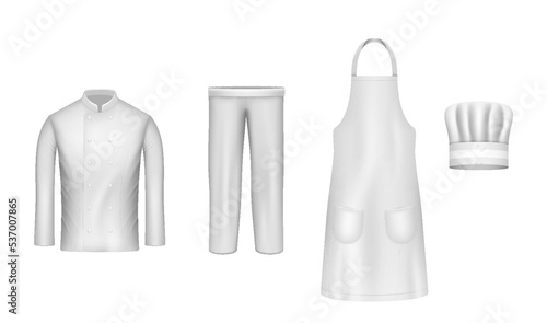 Chef uniform realistic. Culinary clothing white hat shirt apron pants set. Professional suit clothes