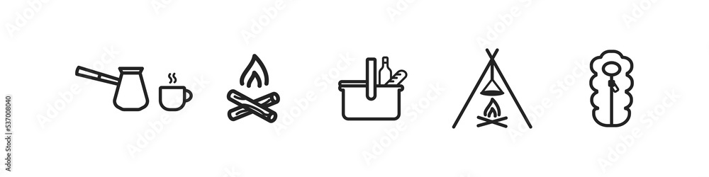 Camping icon set. Adventure trip. Weekend, summer vacation concept. Signs of coffee, campfire, picnic, sleep bag. Picnic, hiking symbols. Camping icon set. Adventure trip. Weekend, summer vacation concept. Signs of coffee, campfire, picnic, sleep bag. Picnic, hiking symbols.