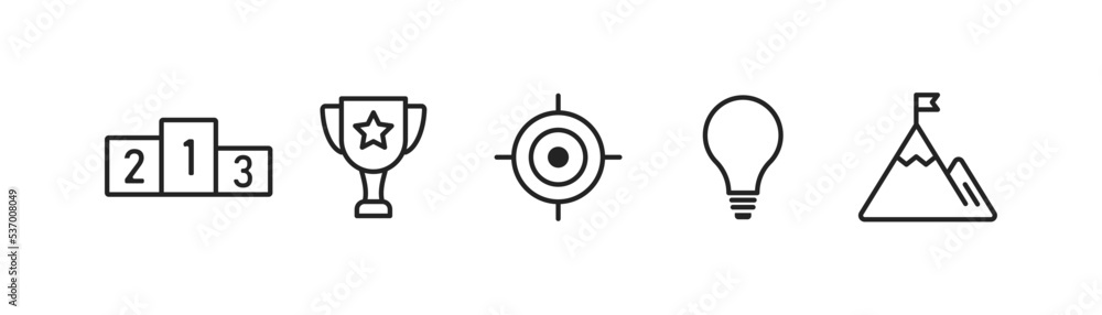 Business icon set. Mountain, lightbulb, target, cup signs. Idea, personal development symbol. Creative thinking, competition and succes concept. Business icon set. Mountain, lightbulb, target, cup signs. Idea, personal development symbol. Creative thinking, competition and succes concept.