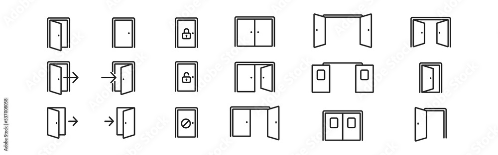 Door icon set. Login, logout, register, lock signs. Emergency exit symbol. Door icon set. Login, logout, register, lock signs. Emergency exit symbol.