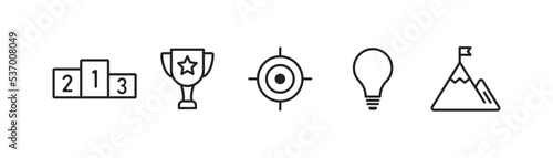 Business icon set. Mountain, lightbulb, target, cup signs. Idea, personal development symbol. Creative thinking, competition and succes concept.
