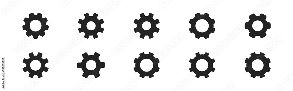 Gear icon set on white background. Black pictogram. Cogwheel gear, setting symbol. Icon set. Mechanism sign. Round shape.