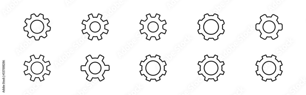 Gear icon set on white background. Cogwheel gear, setting symbol. Icon set. Mechanism sign. Round shape.