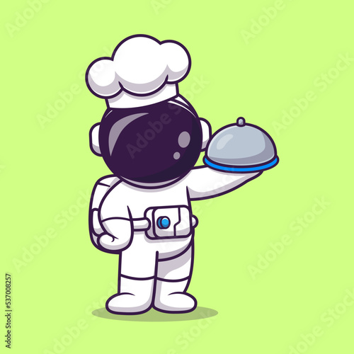 Cute Astronaut Chef Holding Cloche Food Plate Cartoon 
Vector Icon Illustration. Science Profession Icon Concept 
Isolated Premium Vector. Flat Cartoon Style