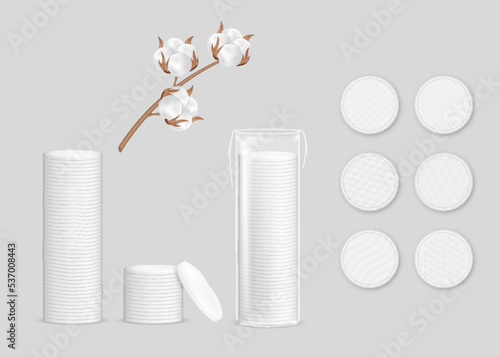 Cosmetic cotton pads for makeup removal set, white discs pile in transparent bag and cotton branch