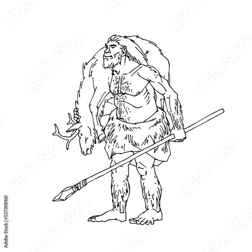 Prehistoric man. A Stone Age hunter. A caveman with his trophy. Vector illustration with contour lines in black ink isolated on a white background in cartoon and hand drawn style.