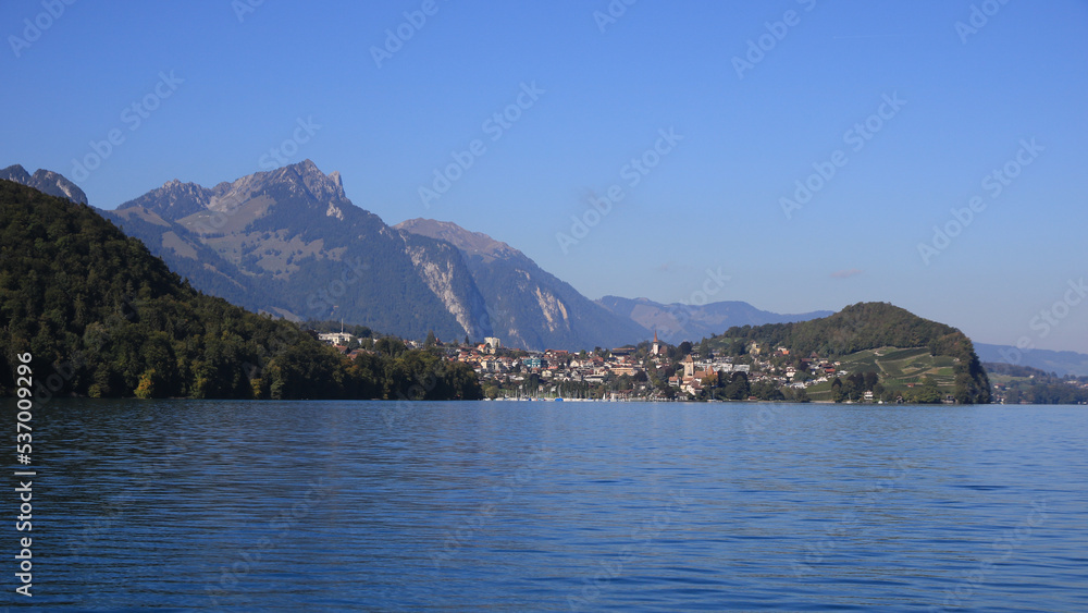 Spiez, village at the shore of Lake Thun, Switzerland.