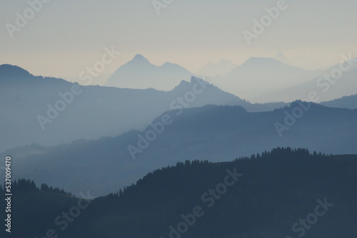 Silhouettes of Mount Stanserhorn and other mountains in Lucerne Canton.
