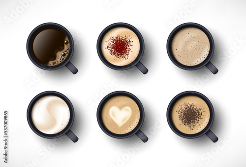 Cups of coffee assortment set. Black coffee, cappuccino, latte, espresso, macchiatto, mocha, cocoa top view. Easy to edit realistic vector collection. 3d model americano in black cup isolated on white