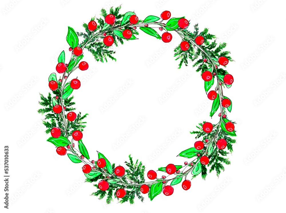Christmas greenery wreath with fir twigs and red berries. Watercolor hand drawn illustration. Christmas greenery wreath with fir twigs and red berries. Watercolor hand drawn illustration.