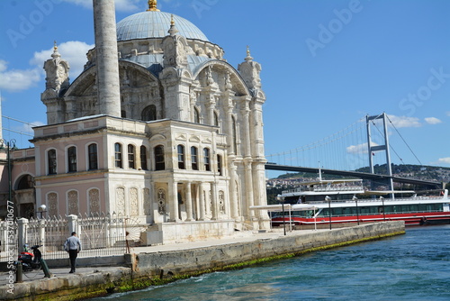 Istanbul city, mosque, bridge, water view, sky and clouds