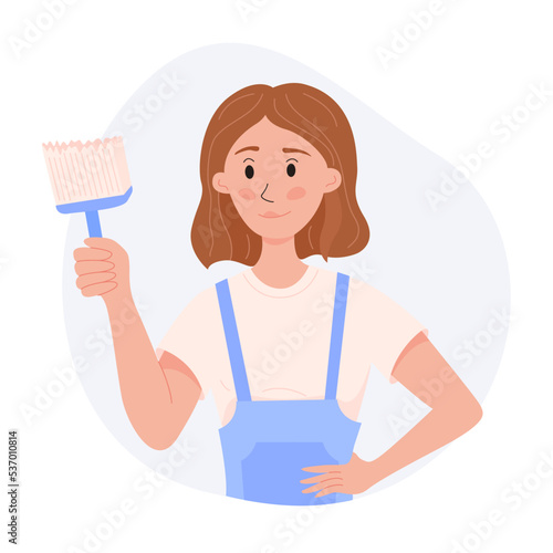 Smiling young girl painter with a brush. The artist makes repairs at home. Vector illustration design