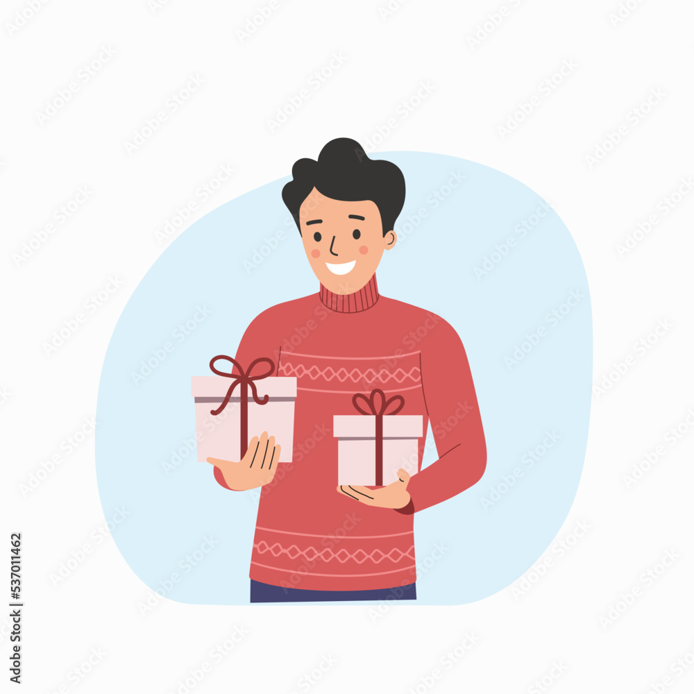Happy young man with gift boxes. Flat style cartoon vector illustration. Happy young man with gift boxes. Flat style cartoon vector illustration.