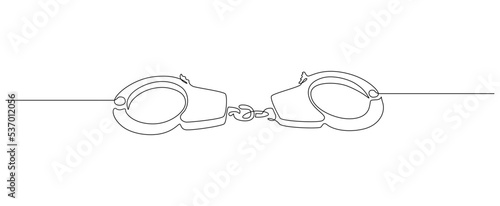 Handcuffs in one continuous line drawing. Symbol of police justice and jail prison concept in simple linear style. True crime web banner with editable stroke. Doodle vector illustration