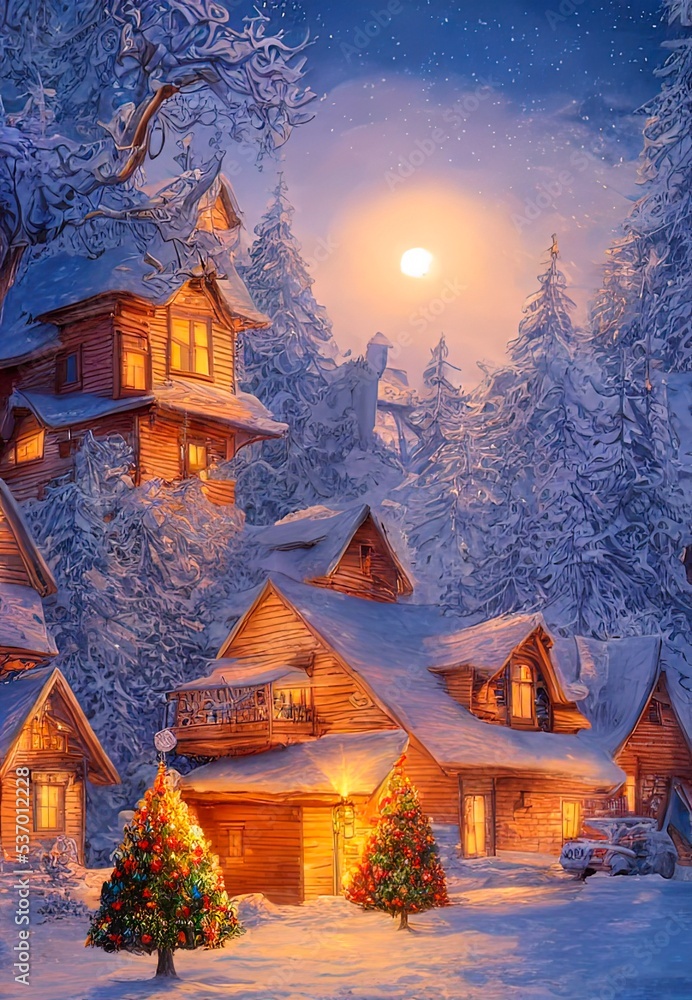 Illustration of a house and a Christmas tree in the mountains