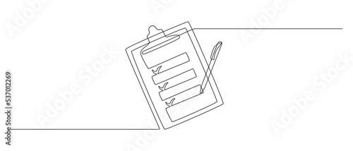 Clipboard with checklist and pen in one continuous line drawing. To do list with ticks and concept for test expertise and exam in simple linear style. Editable stroke. Doodle vector illustration