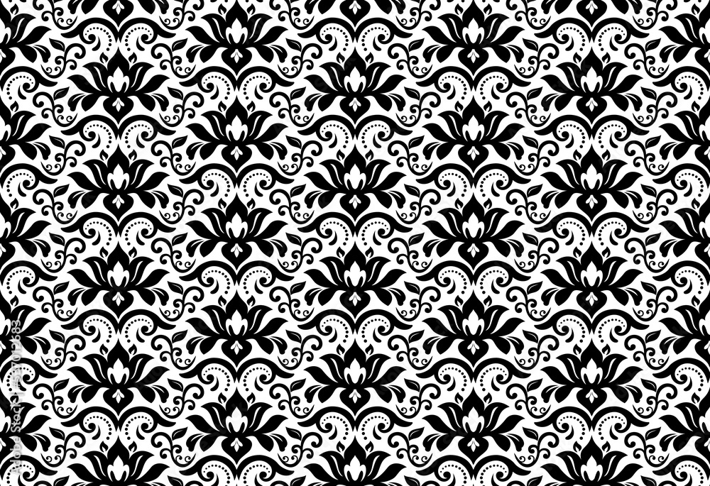 Floral black and white vector ornament. Seamless abstract classic background with flowers. Pattern with repeating floral elements. Ornament for wallpaper and packaging