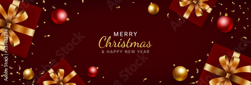 Red christmas banner. Christmas background design with gift boxes, gold confetti, red and gold balls. Vector illustration