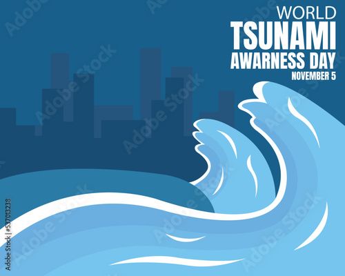 illustration vector graphic of tsunami high waves in the middle of the night, showing urban silhouette, perfect for international day, world tsunami awarness day, celebrate, greeting card, etc