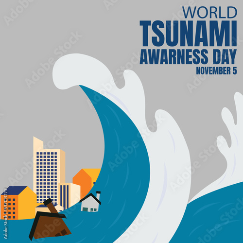 illustration vector graphic of tsunami waves hit cities, perfect for international day, world tsunami awarness day, celebrate, greeting card, etc.