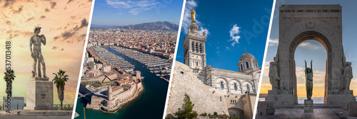 Marseille, lieux touristiques de la ville du sud de la France - bannière -carte postale photo