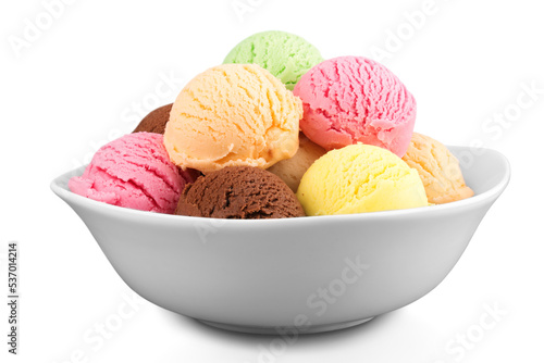Ice cream scoops in bowl on white background