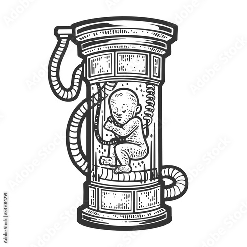 artificially born created baby in science fiction laboratory sketch engraving vector illustration. Scratch board imitation. Black and white hand drawn image.