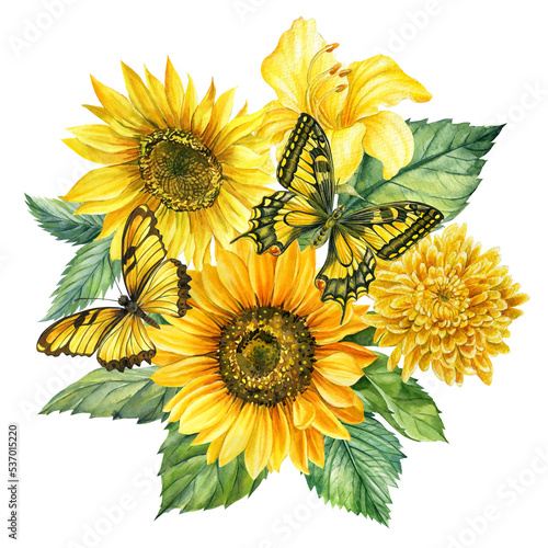 Fototapeta Naklejka Na Ścianę i Meble -  Butterfly, leaves and yellow flowers, lily, sunflowers. Illustration in vintage watercolor style.