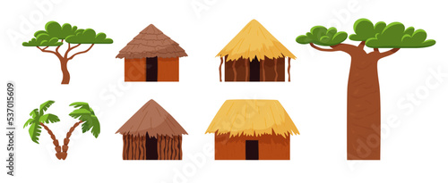 Fotografia Set of African huts and trees flat style, vector illustration