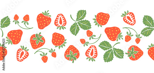 Seamless pattern with red strawberries. Decorative berries and leaves.
