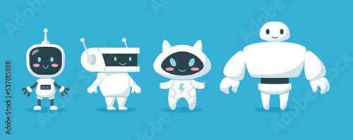 Set of cute white different cartoon robots flat style, vector illustration