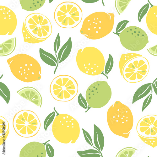 Seamless pattern with ripe lemons and limes. Decorative fruits and leaves.