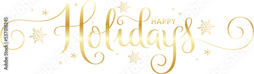 HAPPY HOLIDAYS metallic gold brush lettering banner with snowflakes on transparent background