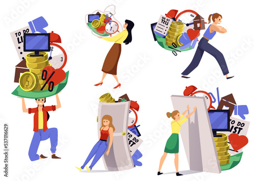 Men and women carry heavy burdens of life, flat vector illustration isolated.